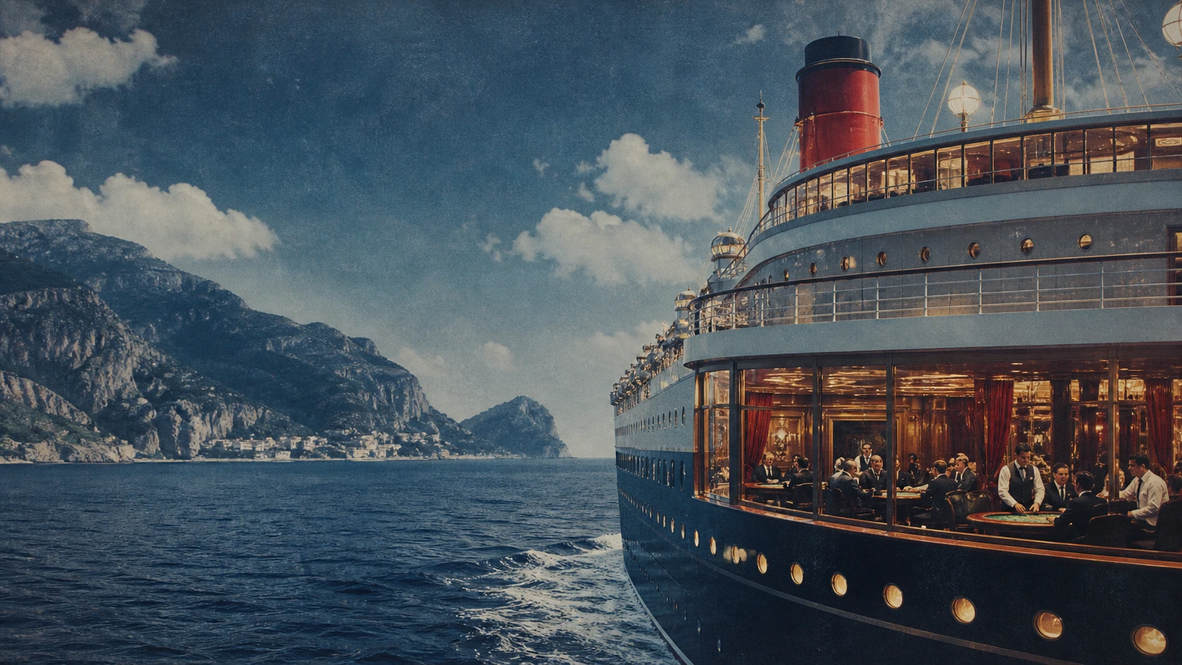 Fictional Royal Gaming Voyages liner passing a dramatic coast with its staffed casino room illuminated